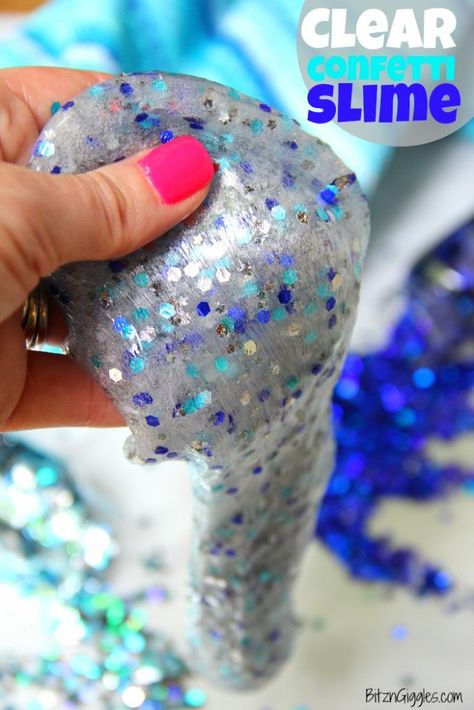 Clear Confetti Slime - Easy recipe for clear slime! Add confetti and foil stars to give it color and make it sparkle. So pretty! Slime Recipe Kids, Slime Easy, Sensory Play Recipes, Pretty Slime, Galaxy Slime, Easy Slime Recipe, Slime Diy, Fresh Fruit Recipes, Family Projects