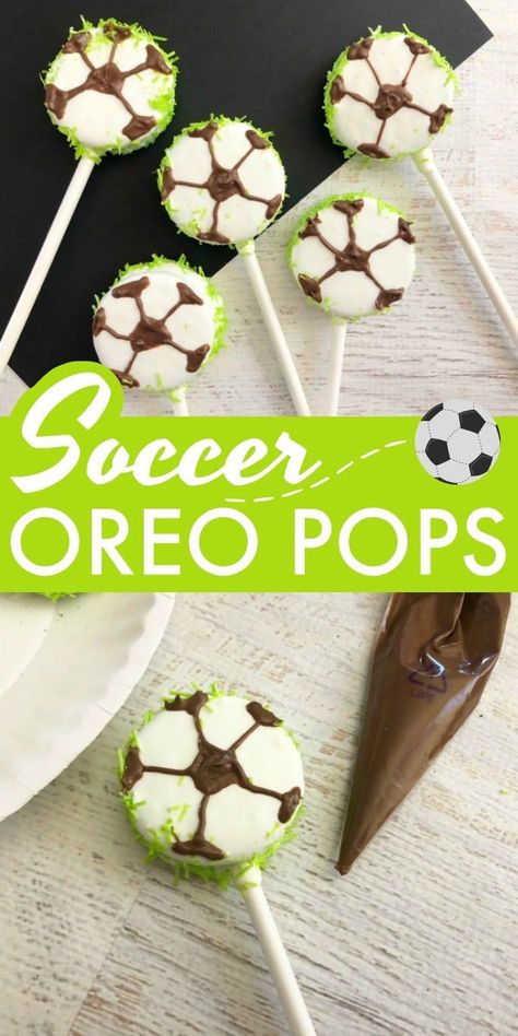 These Soccer Oreo Pops make a great team snack! These are a definite soccer mom win. #sportsmom #soccermom #teamsnacks Oreo Sports Pops, Soccer Cookies Easy, Last Soccer Game Treats, Soccer Team Treats, Soccer Treats For Team, Soccer Cake Pops, Soccer Food, Soccer Party Food, Fifa World Cup Game