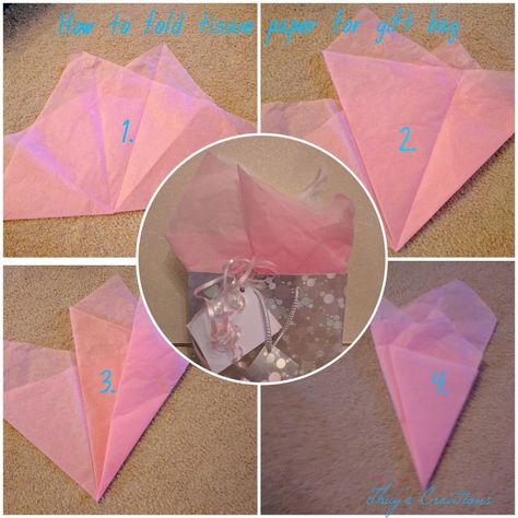 How to fold tissue paper for gift bag Gift Wrap With Tissue Paper, Fold Tissue Paper For Gift Bags, How To Use Tissue Paper In Gift Boxes, How To Add Tissue Paper To A Gift Bag, Gift Bag Tissue Paper How To, Tissue Paper Folding Ideas, How To Put Tissue Paper In A Gift Basket, Folding Tissue Paper For Gift Bags, Tissue Paper In Gift Bag