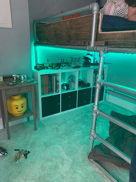 Added LED lights for extra fun factor Led Loft Bed, Loft Bed With Led Lights, Led Lights Bunk Bed, Loft Bed Ideas For Small Rooms Boys, Bedroom With Loft Bed, Bunk Bed Lights, Boys Loft Beds, Bed With Desk Underneath, Loft Room Ideas