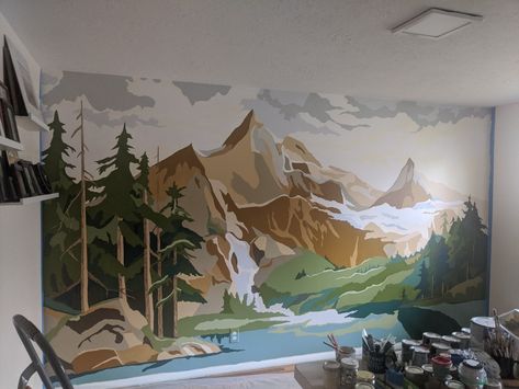 Mural Wall Art Forest, Paint By Number Mountains, Paint By Numbers Wall Mural, Paint By Numbers Mural, Easy Wall Murals Mountain, Fantasy Wall Murals Painted, Man Cave Mural, Mountain Mural Painting, Paint By Number Wall Mural