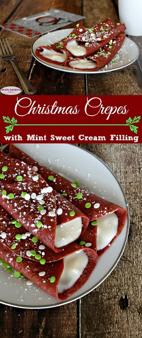 Christmas Crepes with Mint Sweet Cream Filling / a delicious and easy holiday recipe perfect for breakfast, snack or even dessert! #crepe #crepes #holidayfood #holidays #christmas #breakfast #snack #dessert #easyrecipe #mint #sweetcream Christmas Crepes, Crepe Food, Christmas Sleepover, Christmas Extravaganza, Holidays Recipes, Christmas Breakfast Recipe, Breakfast Crepes, Delicious Sweets, Christmas Morning Breakfast