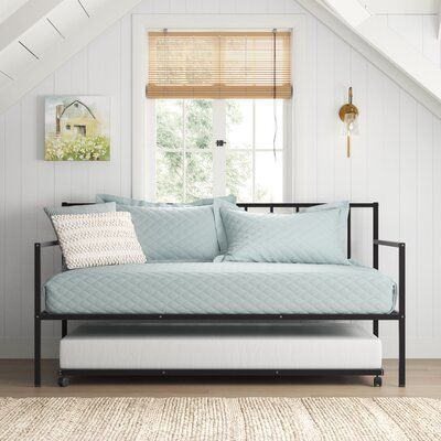 Metal daybed is made of solid steel frame, the daybed frame is strong and durable and weighs up to 275 pounds and don't swing when we use. | Sand & Stable™ Peter Twin Daybed w/ Trundle Multifunctional Metal Lounge Daybed Frame Metal in Black, Size 39.0 H x 39.0 W x 77.0 D in | Wayfair Farmhouse Daybeds, Bedroom Office Space, Metal Daybed With Trundle, Full Daybed, Pop Up Trundle, Yellow Rabbit, Guest Bedroom/office, Twin Daybed With Trundle, Metal Daybed