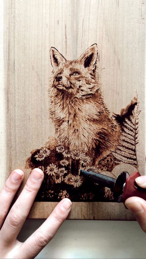 hippienorth on Instagram: Fox in the forest woodburning 🌲 Half way complete this 10x7” woodland commission on cherry wood. . . . . #woodburning #pyrography… Pyrography Tips, Wood Burning Patterns Stencil, Pyrography Tools, Wood Burning Stencils, Wood Burning Techniques, Wood Burn Designs, Wood Burning Tool, Dremel Wood Carving, Pyrography Art