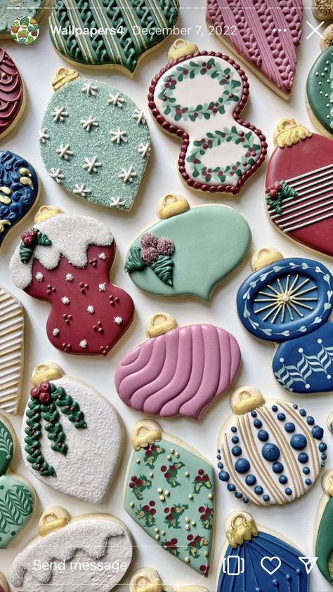 Christmas Cookies Decorated Ornament, Ornament Cookie Decorating Ideas, Cookie Ornaments Decorated, Christmas Cookies Ornaments, Sugar Cookie Ornaments, Christmas Ornament Cookies Royal Icing, Decorated Ornament Cookies, Ornament Sugar Cookies Decorating Ideas, Ornament Decorated Cookies