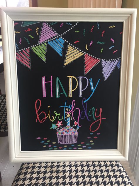 Kelmade Birthday sign inside frame. Happy Birthday Sign Chalkboard, Blackboard Happy Birthday, 21st Birthday Chalkboard Ideas, Chalk Happy Birthday Sign, Birthday Blackboard Ideas, Birthday Party Chalkboard Sign, Happy Birthday Blackboard Ideas, Birthday Window Painting, Happy Birthday Board Decoration