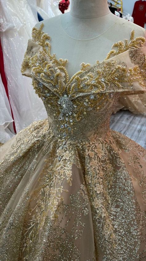 Royal gold beaded crystals sparkle ball gown wedding dress with tiered skirt train & glitter tulle Sparkle Ball, Beautiful Long Dresses, Gold Wedding Theme, Beautiful Wedding Gowns, Gown Wedding, Ball Gowns Wedding, Ball Gown Wedding Dress, Gown Wedding Dress, Tiered Skirt