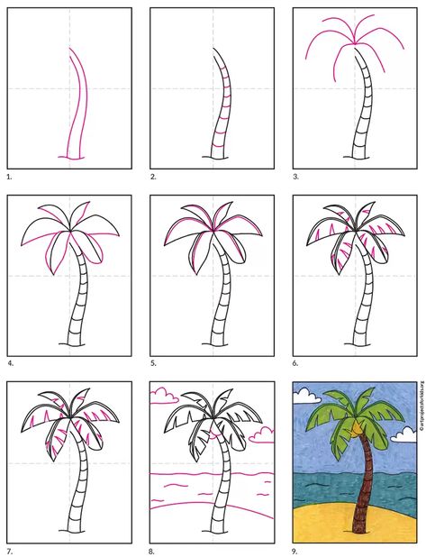 How to Draw a Palm Tree · Art Projects for Kids Palm Tree Doodle Simple, How To Draw Palm Leaves, Palm Tree Tutorial, Trees Outline, Draw A Palm Tree, Tree Doodles, Tree Drawing Simple, Elementary Drawing, Tropical Tattoo