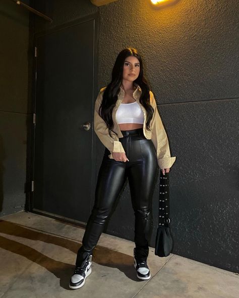 Leather Pants Jordans Outfit, Leather Pants With Sneakers Outfits, Leather Pants With Jordans, Sneaker Night Out Outfit, Faux Leather Pants With Sneakers, Leather Pants Outfit With Sneakers, Leather Pants Sneakers Outfit, Winter Leather Pants Outfit, Cute Leather Pants Outfit