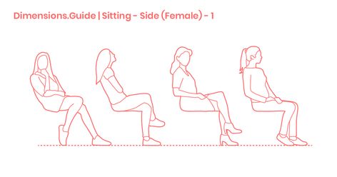 Sitting - Female (Side) - 1 Dimensions & Drawings | Dimensions.Guide Someone Sitting Side View, Person Sitting Side View Drawing, Side Profile Drawing Body Sitting, Sitting Side Profile Reference, Sitting From The Side, Person Sitting Side View, Sitting Pose Reference Side View, Sitting Side Profile, Sitting Down Drawing