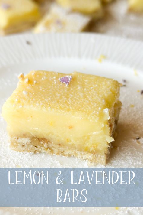 Lemon lavender bar on a plate Lavender Lemon Bars Recipe, Lavender Fudge, Prom Desserts, Lavender Biscotti, Lavender Dessert Recipes, Lavender Lemon Bars, Lavender Bitters, Lavender Food, Lavender Dessert