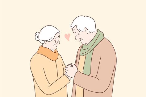 Relationship, love, couple, old age concept. Happy man and woman senior citizens cartoon characters holding hands together. Feeling happy of granddaddy and grandmother retirement age illustration. Characters Holding Hands, Age Illustration, Old Couple In Love, Cute Old Couples, Vector Illustration Character, Couple Sketch, Happy Man, Avatar Cartoon, Couple Romance