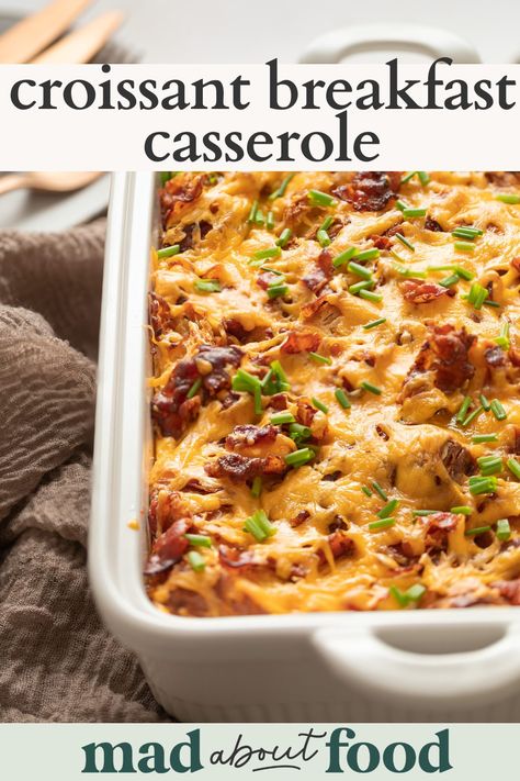 This Croissant Breakfast Casserole is the ultimate brunch recipe. Bake cut up croissants with eggs, cheese and bacon. Crossiant Casserole Breakfast, Croissant Breakfast Casserole, Baked Breakfast Casserole, Cheddar Cheese Recipes, Pepper Casserole, Bacon Casserole, Breakfast Casserole Bacon, Breakfast Egg Casserole, Stuffed Pepper Casserole