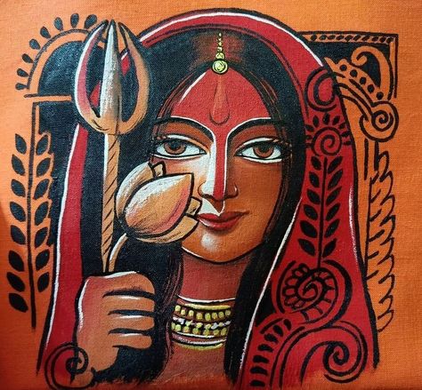 Durga Puja Drawing Ideas Easy, Durga Pujo Drawings, Painting Of Maa Durga, Maa Durga Acrylic Painting, Drawing On Durga Puja, Maa Durga Acrylic Painting On Canvas, Drawing For Durga Puja, Maa Durga Canvas Painting, Canvas Painting Ideas Women