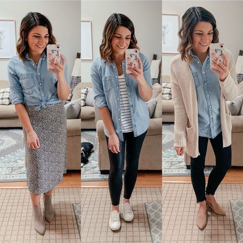 Therapist Outfit, Chambray Shirt Outfits, Denim Shirt Outfit, Jeans Claro, Camisa Jeans, Lovely Clothes, Chambray Shirt, Mom Outfits, Business Casual Outfits