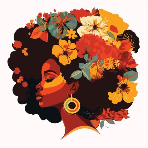 Women With Afro Drawing, Flower Afro Drawing, Black Woman With Afro Drawing, Afro Woman Painting, Afro Flowers In Hair, Hair With Flowers Drawing, Afro Woman Illustration, Black Women With Flowers In Hair, Afro Hair Painting