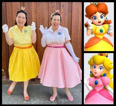 Mario Disneybound, Mario Bounding, Mario Inspired Outfits, Orange Pink Outfit, Pink Outfit Skirt, Princess Peach And Daisy, Daisy Cosplay, Peach And Daisy, Epic Universe