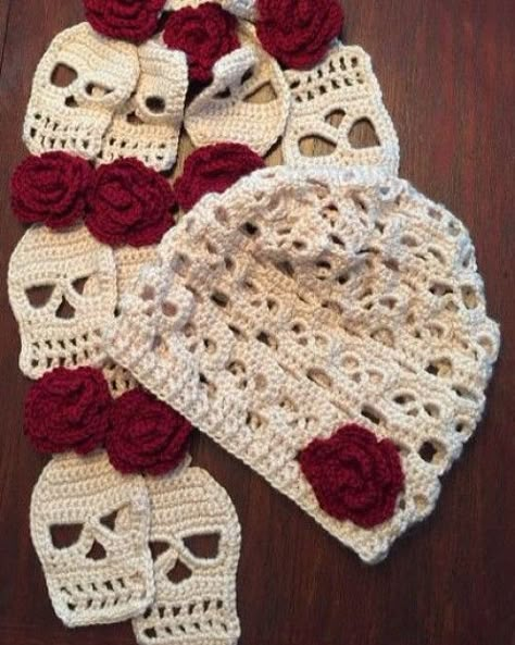 Crocheted Skull Slouchy Hat & Scarf Set - Crochet Pattern | Beautiful Skills - Crochet Knitting Quilting | Bloglovin’ Crochet Hat And Scarf, Crochet Skull Patterns, Crochet Skull, Hat And Scarf Set, Crocheted Hats, Crocheted Hat, Crochet Vintage, Hat And Scarf Sets, Hat And Scarf