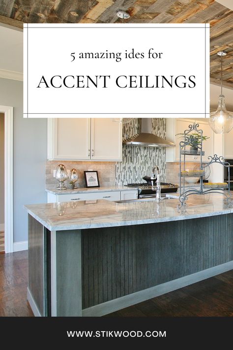 Kitchen Ceiling Wood Planks, Cool Ceilings Ideas, Wood Coffered Ceiling Kitchen, Kitchen Ceiling Ideas Wood, Wood Ceilings In Kitchen, Wood Accent On Ceiling, White Planked Ceiling, Dark Plank Ceiling, Farmhouse Living Room Ceiling Ideas