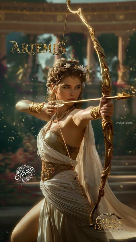 Artemis Goddess Of The Hunt, My Greek Goddess, Greek Gods Artemis, Artemis Costume Goddesses, Greek God Artemis, Greek Goddess Warrior, Artemis Goddess Costume, Gods And Goddesses Mythology, Artemis Bow