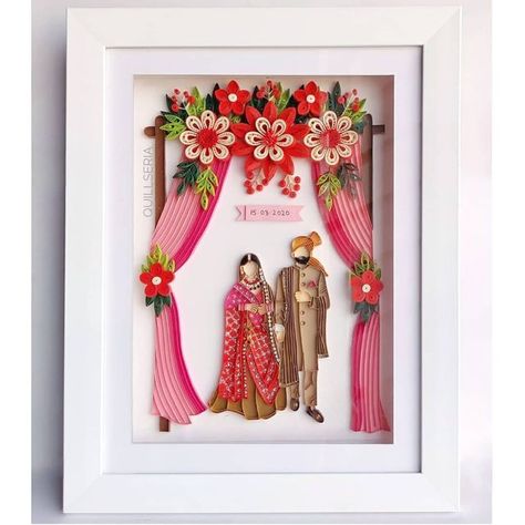 Quilling Wedding Cards, Acrylic Glass Painting, Quilling Wedding, Quilling Photo Frames, Cartoon Wedding Invitations, Cartoon Wedding, Diy Quilling Crafts, Marriage Anniversary Gifts, Marriage Gift