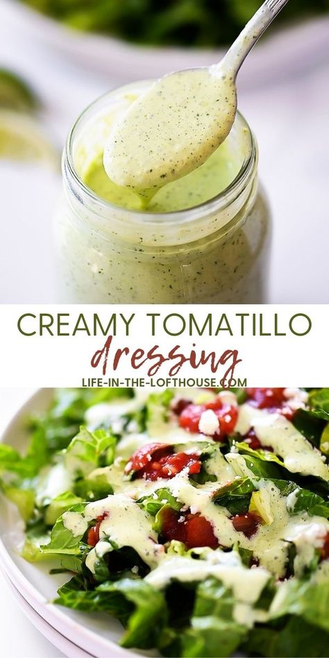 Creamy Tomatillo Dressing What Can You Make With Tomatillos, Easy Tomatillo Recipes, Tomatillo Cream Sauce, Tomatillo Salad Dressing, Tomitillo Recipes Chicken, Creamy Tomatillo Sauce, Roasted Tomatillo Recipes, Tomitillo Recipes Roasted, Recipes Using Tomatillos