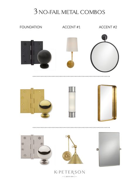 Mixing Metals: The Do's and Don'ts | K. Peterson Design Mixing Hardware Finishes, Mixing Metals In Kitchen, Mixed Metals Bathroom, Mixed Metal Bathroom, Mixing Metals In Bathroom, Mixed Metals Decor, Metal Interior Design, Mixing Metals, Virtual Staging