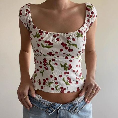 Cherry Crop 🍒 New to online Cherry Print Top, Gentle Style, Clothing Board, Vintage Crop Tops, Designer Outfits, Cherry Print, Style Upgrade, Collars For Women, Short Sleeve Cropped Top