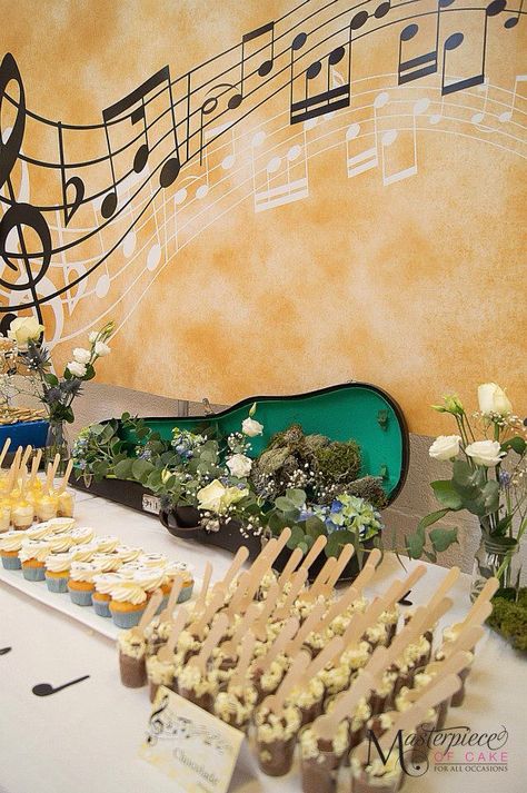 Music Themed Sweet Table Music Sweet 16 Theme, Music Themed Graduation Party, Country Music Birthday Party, Music Decorations, Christening Themes, Music Birthday Party, Casino Wedding, Sweet 16 Themes, Music Themed Parties