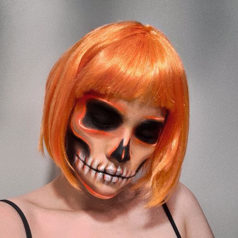 Halloween Orange Makeup, Colourful Skull Makeup, Red Orange Yellow Makeup Looks, Orange Skull Makeup, Orange Hair Costume Ideas, Halloween Makeup Orange, Orange Hair Costumes, Orange Halloween Makeup, Halloween Face Art