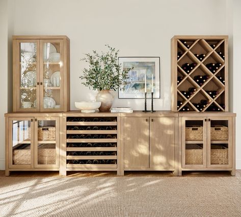 Modern Farmhouse Set with Wine Storage (136") | Pottery Barn Built In Wine Fridge Dining Room, Diy Sideboard With Wine Fridge, Farmhouse Bar Cabinet, Dining Room With Buffet Cabinet, Sideboard With Mini Fridge, Wine Bar Cabinet Ideas, Living Room Bar Cabinet Ideas, Built In Wine Fridge Cabinet, Integrated Wine Fridge