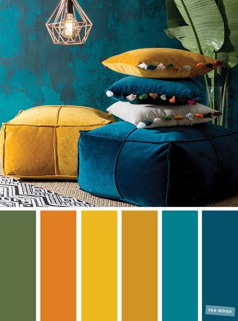 Beautiful Color inspiration the palette of copper Green Mustard + Peacock & Teal. We showed you how to incorporate mustard with other colors, this will Mustard Color Scheme, Pola Cat Dinding, Design Seed, Dekorere Bad, Turquoise Room, Color Schemes Colour Palettes, Living Room Color Schemes, Hiasan Bilik, Room Color Schemes