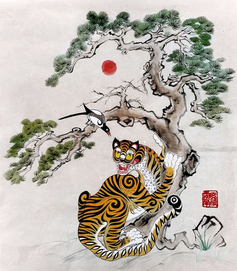 Embark on a journey through the timeless elegance of Chinese painting. Explore its rich history, symbolic motifs, and profound philosophical narratives. Korean Folk Art, Tiger Paintings, Korean Tiger, New Lunar Year, Tibetan Tiger, December Challenge, Gold Art Painting, Ethnographic Art, Tiger Illustration