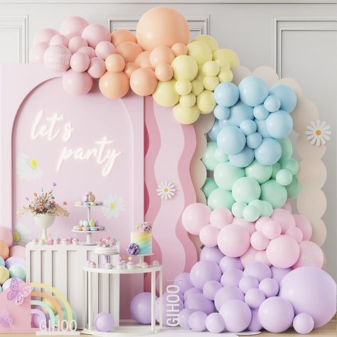 Rainbow Pastel Party Decorations, Pastel Party Theme Decoration, Four Ever Sweet Cake Topper, Pastel Party Centerpieces, Pastel Party Aesthetic, Pastel Rainbow Gender Reveal Party, Pastel Birthday Party Ideas, Pastel Balloons Decoration, Pastel Party Theme