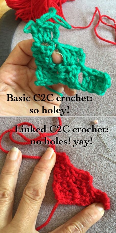 Technique :: No-Hole or Linked C2C Crochet, free tutorial by Helena Asmus Lim. Step by step phototutorial for using linked DC for corner-to-corner (C2C). A genius idea. C2c Crochet Tutorial Left Handed, How To Design Your Own C2c Crochet Blanket, C2c Crochet Decrease, C2c Beginner Pattern, C2c Single Crochet Pattern, Crochet C2c Tutorial, How To Crochet C2c, Corner To Corner Crochet Afghan, Corner To Corner Granny Square Pattern