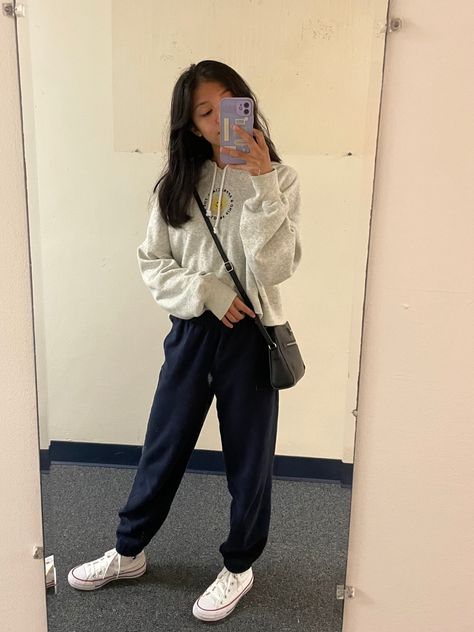 today's outfit details! • hoodie: hollister • sweatpants: hollister • shoes: converse • bag: hand-me-down Sweatpants And Converse Outfits, Sweatpants Hollister, Cozy Ootd, Converse Bag, Hollister Sweatpants, Sweats Outfit, Classic Mirror, Shoes Converse, Outfits With Converse