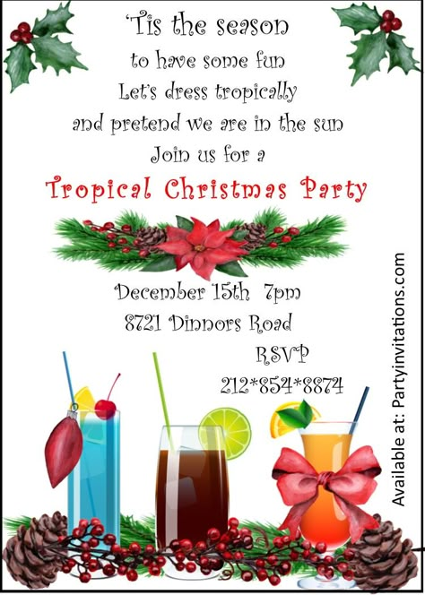 Tropical Cocktail Christmas party invitations Hawaiian Christmas Party Invitations, Jimmy Buffet Christmas Party, Mele Kalikimaka Party, Hawaiian Christmas Party, Tropical Christmas Party, Cocktail Christmas Party, Christmas Luau, Casino Christmas, Friendsmas Party