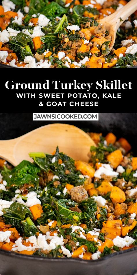 Ground Turkey Kale Sweet Potato, Thanksgiving Skillet Recipes, Turkey Kale Sweet Potato Skillet, Kale Ground Turkey Recipes, Ground Turkey Goat Cheese Recipes, Ground Turkey And Sweet Potatoes Recipes, Ground Turkey Spinach Sweet Potato Skillet, Ground Turkey Recipes For Dinner Gluten Free, Sweet Potato And Ground Turkey Skillet