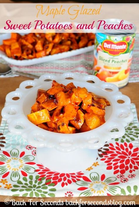 These Maple Glazed Sweet Potatoes and Peaches taste like candy but they're actually healthy!! They make a perfect side dish for your holiday gatherings! Maple Glazed Sweet Potatoes, Glazed Sweet Potatoes, Lenten Recipes, Holiday Side Dish, Holiday Side, Peach Juice, Maple Glaze, Peach Recipe, Healthy Sweets Recipes