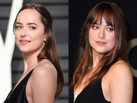 What 50+ Celebrities Look Like With and Without Bangs - Celebrity Bangs Hairstyles Celebrity Bangs, Oval Face Bangs, Hair Without Bangs, Korean Bangs Hairstyle, Dakota Johnson Hair, Hair Clipart, Side Bangs Hairstyles, Oval Face Shapes, Long Bangs