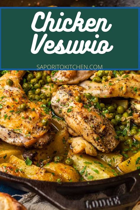 Classic chicago style chicken vesuvio made with roasted bone in chicken, yellow potatoes, peas and a lemon garlic wine sauce. This easy one skillet meal makes the best Sunday dinner! Bone In Chicken Breast Recipes, Chicken Vesuvio Recipe, Chicken Vesuvio, Garlic White Wine Sauce, Roasted Potato Wedges, Chicken Roasted, Bone In Chicken, One Skillet Meals, Yellow Potatoes