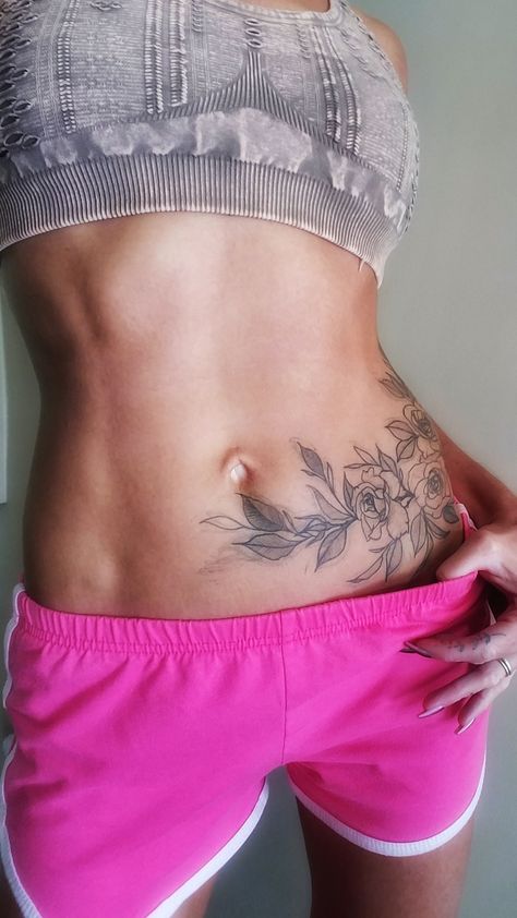 Tattoos Below Belly Button, Lower Belly Hip Tattoo, Under Belly Button Tattoos For Women, Belly Button Scar Tattoo Cover Up, Thigh To Stomach Tattoo, Stomach Stretch Mark Tattoo, Lower Stomach Tattoos For Women Cover Up, Abdominal Tattoos Women Lower, Under Belly Button Tattoo