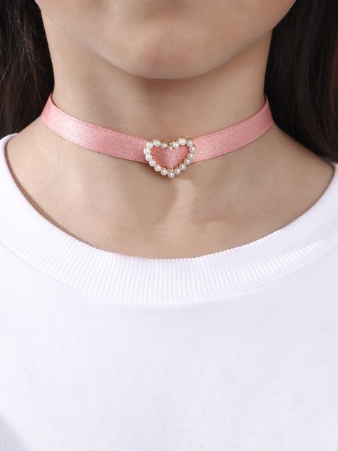 Pink    Polyester  Chokers Embellished   Kids Jewelry & Watches Chokers For Kids, Diy Choker Necklace, Pink Choker Necklace, Diy Choker, Girls Choker, Pink Choker, Afghan Girl, Ribbon Choker, Heart Decor