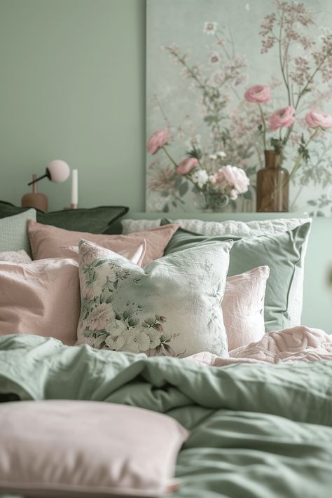 Bedroom Modern Ideas, Farmhouse Bedroom Modern, Cozy Bedroom Interior, Pink Bedroom Accessories, Light Green Bedrooms, Sage Green Bedroom Ideas, Wardrobe Decor, Small Modern Bedroom, Modern Cozy Bedroom