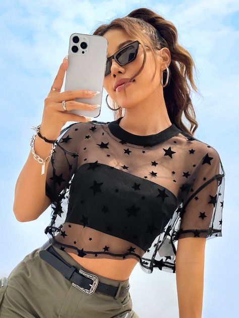 Mesh Crop Top, Mesh T Shirt, Crop Top Outfits, Cropped Tops, Black Crop Tops, Star Print, Concert Outfit, Pretty Outfits, Stylish Outfits