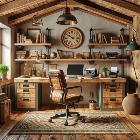 Earthy Office Decor Work Spaces, Outdoorsy Office Style, Nature Office Decor, Boho Farmhouse Office, Vintage Office Decor Ideas, Earthy Office Decor, Vintage Desk Setup, Vintage Office Ideas, Rustic Workspace