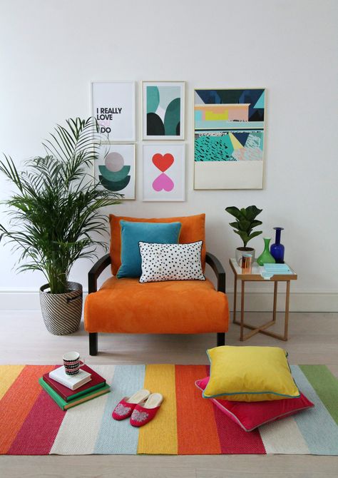 How I styled my orange sofa Novita Swing chair from Furniture village. By Little Big Bell. Orange Sofa, Colourful Living Room Decor, Interior Design Minimalist, Floor Decoration, Orange Chair, Deco Salon, Casa Vintage, Youtube Studio, Colourful Living Room