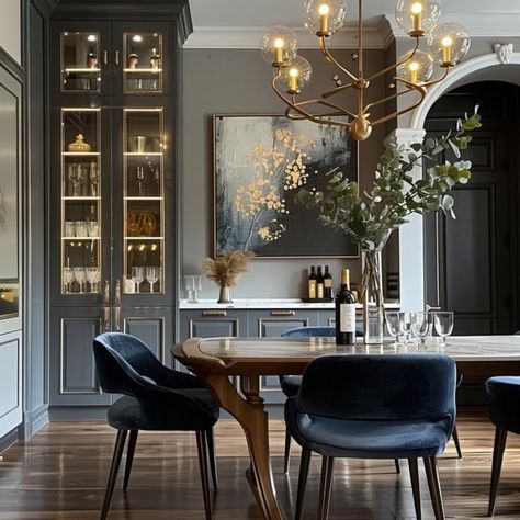 Are you a fan of blue accents? . . . . . . . . AI Design by @emmas_interior_style #aiinteriordesign #igexplore #igexplorepage #instagramexplorer #interiördesign #homeinspirationideas #homeinspiration4you #homeinteriordaily #houseinteriors #houseinteriordesign Built In In Dining Room, French Blue Dining Room, Side Board Decor Ideas Dining Rooms, Decor For Dining Room Table, Built Ins In Dining Room, English Country Interior Design, Modern Classic Dining Room, Interior Design Colorful, Interior Dining Room