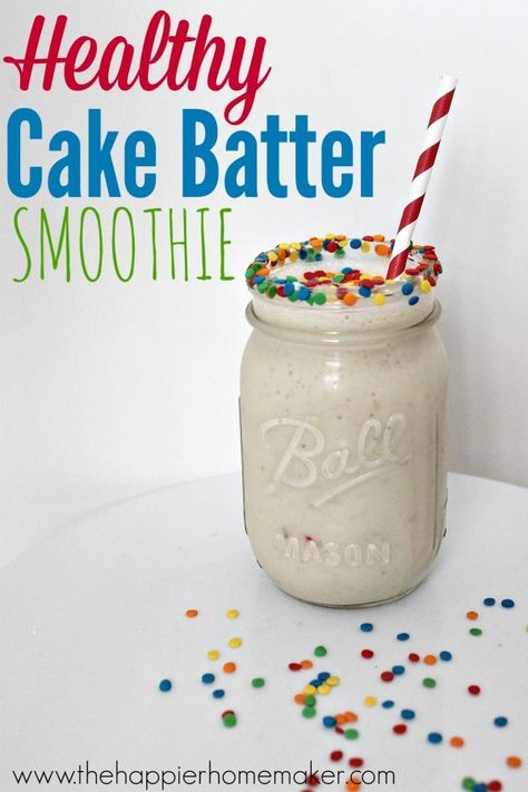 Healthy Cake Batter Smoothie. Just add a scoop of vanilla IdealShake mix (a lot of people say it already tastes like cake batter to them) #idealshape #smoothie #recipe Healthy Cake Batter, Cake Batter Smoothie, Cake Batter Protein, Resep Smoothie, Best Smoothie, Protein Cake, Healthy Shakes, Healthy Cake, Healthy Smoothie