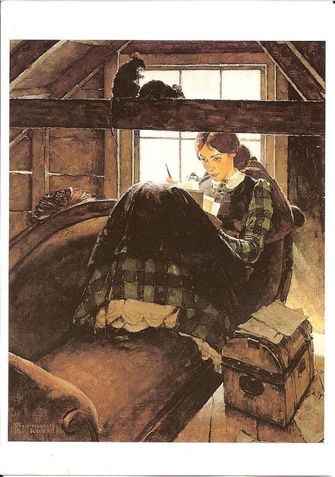 The Most Beloved American Writer (Louisa May Alcott), Norman Rockwell, 1937, oil on canvas, Collection of George Lucas. Jo March Quotes, Norman Rockwell Art, Jo March, Rockwell Paintings, Norman Rockwell Paintings, Christian Homemaking, Old Sofa, It's Monday, Kunst Inspiration